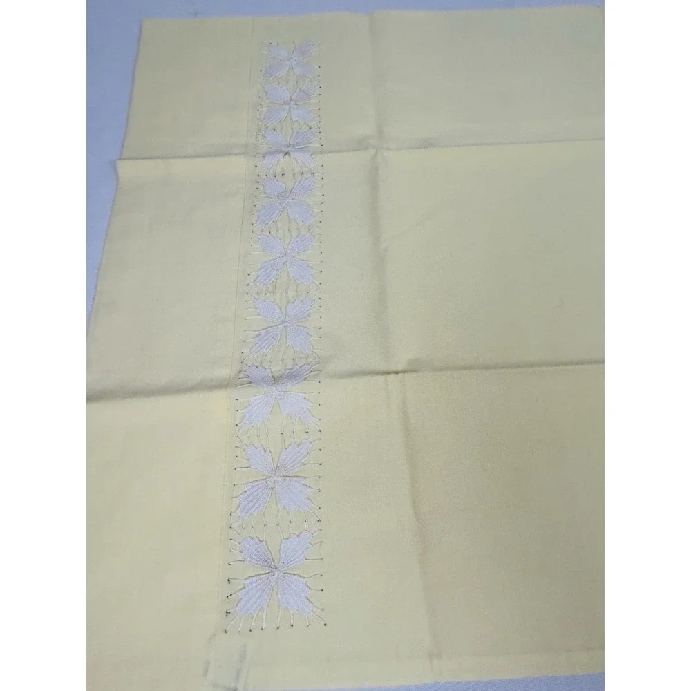 Vintage Cross Stitched Pillowcase Yellow w/White Stitching 33 x 21